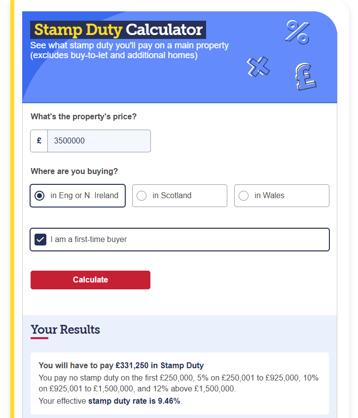 calculator sample for stamp duty in the UK